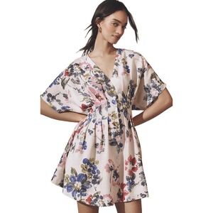NWT EXQUISE Anthropologie Amelie Floral 100% Linen V Neck Button Mini Dress XS